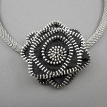 Load image into Gallery viewer, Erica Zap Signed Zipper Rose Flower Choker Necklace Black Silver Tone Mesh Chain