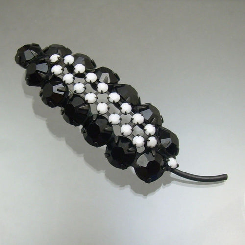 French Jet Art Deco Style Leaf Pin - Black & White Rhinestone Japanned Brooch