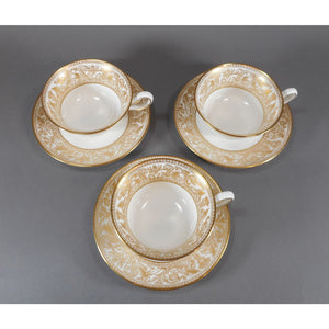 3 Wedgwood Bone China Cup and Saucer Sets - Florentine Pattern W4219, Gold Gilding on White - Dragons Griffins - Footed Teacup, Peony Shape - Old Green Urn Backstamp Mark - Excellent Estate Condition