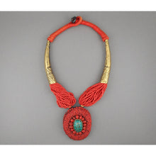 Load image into Gallery viewer, Bajalia Kanalai Indian Glass Seed Bead Necklace - Brass Horns, Faux Coral and Turquoise Pendant - Multi Strand Statement Piece with Cording and Stamped Metal