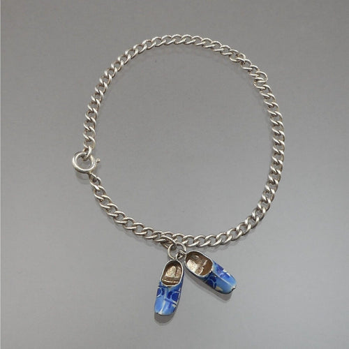 Vintage Dutch Delft Style Shoe Charms - 835 Silver on Sterling Chain Bracelet - Blue and White - Holland Souvenir
