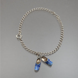 Vintage Dutch Delft Style Shoe Charms - 835 Silver on Sterling Chain Bracelet - Blue and White - Holland Souvenir