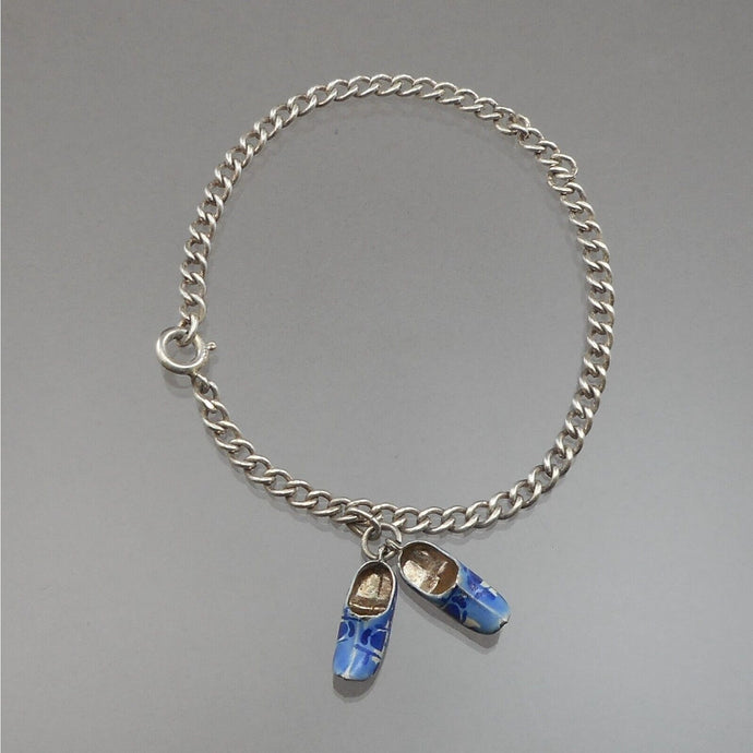 Vintage Dutch Delft Style Shoe Charms - 835 Silver on Sterling Chain Bracelet - Blue and White - Holland Souvenir