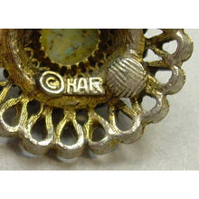 Load image into Gallery viewer, Vintage 1950s HAR Hargo Clip On Earrings - Faux Turquoise and Garnet Stones - Gold Tone, Green Glass Cabochons, Red Rhinestones - Signed Designer Estate Costume Jewelry