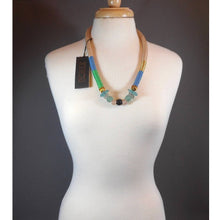 Load image into Gallery viewer, Pichulik South African Necklace - Brass, Rope, Cord - Green and Blue Glass Beads - Multi Color Statement Piece - New Old Stock with Tag