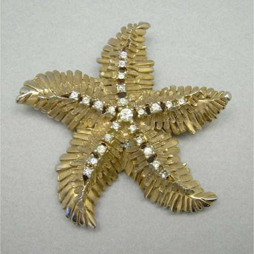 Vintage 1950s HAR Hargo Starfish Brooch - Large Rhinestone, Gold Tone Signed Designer Pin