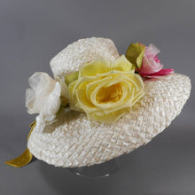 Load image into Gallery viewer, Vintage Frederick&#39;s Ladies White Straw Picture Hat - Easter, Spring, Summer, Kentucky Derby - Pink Yellow Silk and Velvet Flowers, Green Ribbon