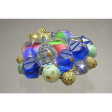 Load image into Gallery viewer, Large Vintage German Givre Glass Cluster Brooch - Carved Art Glass, Flocked Metal and Plastic Beads on Gold Tone Brass Filigree Pin - Blue Green Pink - West Germany