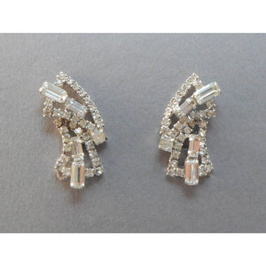 Vintage Rhinestone Clip On Statement Earrings Bridal Wedding Jewelry Silver Tone Baguette and Round Stones