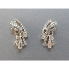 Load image into Gallery viewer, Vintage Rhinestone Clip On Statement Earrings Bridal Wedding Jewelry Silver Tone Baguette and Round Stones