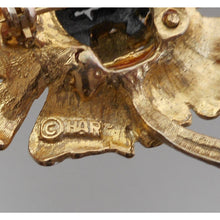 Load image into Gallery viewer, Vintage 1950s HAR Hargo Sunflower Brooch - Off White Enamel Flower Pin with Black Crystals / Rhinestones, Gold Tone - Mid Century Signed Designer Costume Jewelry