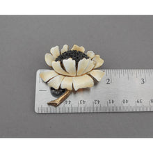 Load image into Gallery viewer, Vintage 1950s HAR Hargo Sunflower Brooch - Off White Enamel Flower Pin with Black Crystals / Rhinestones, Gold Tone - Mid Century Signed Designer Costume Jewelry