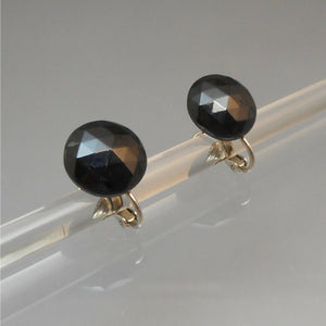 Vintage 1940s Black Glass Clip / Screw Back Earrings Faceted Button Cabochon