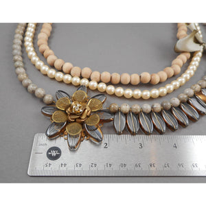 Vintage Signed Lenora Dame for Anthropologie Multi Strand Necklace - Wood, Stone, Faux Pearl, Glass Beads - Gold Tone Mesh, Filigree, Rhinestone Daisy Flower - Silk Ombre Ribbon - Adjustable Length