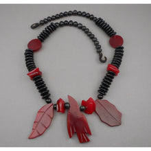 Load image into Gallery viewer, Vintage Resin Bird and Leaf Jewelry Set - Dangle Earrings and Necklace - Red and Black Beads - Southwestern Style - Estate Collection Jewelry