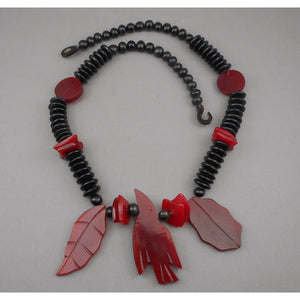 Vintage Resin Bird and Leaf Jewelry Set - Dangle Earrings and Necklace - Red and Black Beads - Southwestern Style - Estate Collection Jewelry