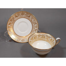 Load image into Gallery viewer, 3 Wedgwood Bone China Cup and Saucer Sets - Florentine Pattern W4219, Gold Gilding on White - Dragons Griffins - Footed Teacup, Peony Shape - Old Green Urn Backstamp Mark - Excellent Estate Condition