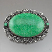 Load image into Gallery viewer, Vintage Victorian Revival Faux Jade Brooch Silver Tone or Plated Green Glass Estate Jewelry Large Statement Pin Circa 1930 / 1940