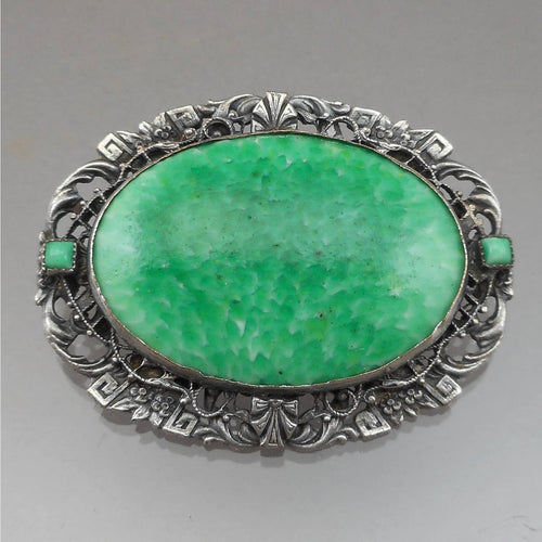 Vintage Victorian Revival Faux Jade Brooch Silver Tone or Plated Green Glass Estate Jewelry Large Statement Pin Circa 1930 / 1940