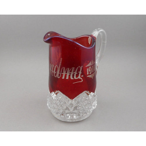 Antique 1910 Carnival Souvenir Ruby Flash Pressed Glass Red Etch Creamer Pitcher Grandma