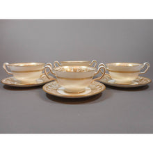 Load image into Gallery viewer, 4 Wedgwood Bone China Soup Bowl and Saucer Sets - Florentine Pattern W4219, Gold Gilding on White - Dragons Griffins - Footed and Handled - Old Green Urn Backstamp Mark - Excellent Estate Condition