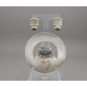 Vintage Artisan Crafted Jewelry Set - Brooch / Pendant and Earrings - Hand Made, Hematite, Sterling Silver and Gold Pin