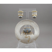 Load image into Gallery viewer, Vintage Artisan Crafted Hematite Sterling Silver Jewelry Set - Southwestern Style Brooch / Pendant and Earrings - Hand Made, Hematite, Sterling Silver and Gold Pin