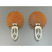 Load image into Gallery viewer, Pair of Vintage 1930s Bakelite Dress Clips - Marbled Apple Juice Carved Plastic - Flower Design - Simichrome Tested