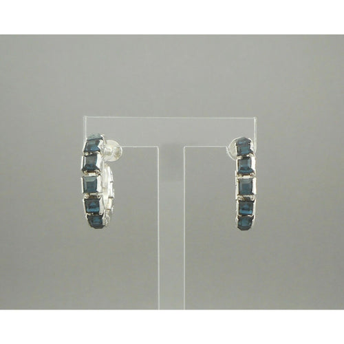 Vintage Signed Coro Jewelry Hoop Earrings - Faux Sapphire Blue Rhinestones, Silver Tone Metal, Screw Backings