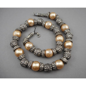 Vintage Handmade Syrian Middle East Necklace Silver Cannetille Faux Pearl Beads