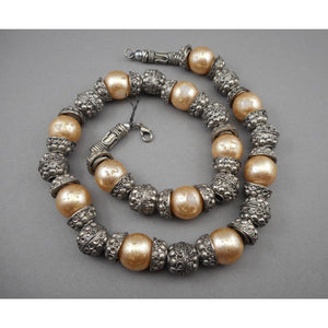 Vintage Handmade Syrian Middle East Necklace Silver Cannetille Faux Pearl Beads
