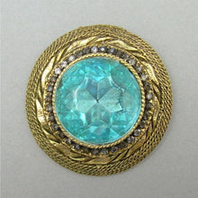 Load image into Gallery viewer, Vintage 1950s HAR Hargo Faux Aquamarine Brooch - Large Blue Green Rhinestone, Gold Tone Signed Designer Pin