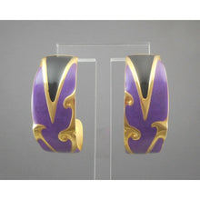 Load image into Gallery viewer, Large Vintage Edgar Berebi Enamel Half Hoop Post Statement Earrings Purple &amp; Black