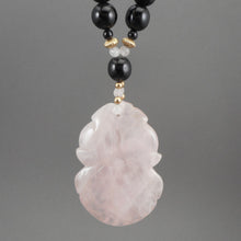 Load image into Gallery viewer, Vintage Carved Rose Quartz Pendant Necklace with Onyx or Black Glass Beads - Fruit and Leaf Design Medallion, Chinese, Asian Style - Pale Pink Stone, 14K Gold Filled and Black Beads