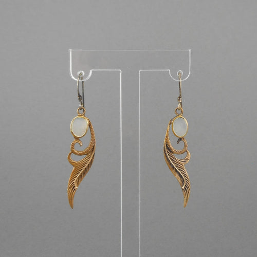 Vintage Feather Design Artisan Earrings - Gold, Silver and Mother of Pearl, Handmade