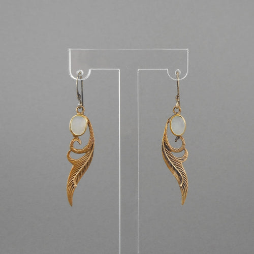 Vintage Feather Design Artisan Earrings - Gold, Silver and Mother of Pearl, Handmade