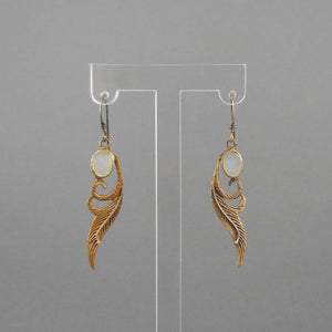 Vintage Feather Design Artisan Earrings - Gold, Silver and Mother of Pearl, Handmade