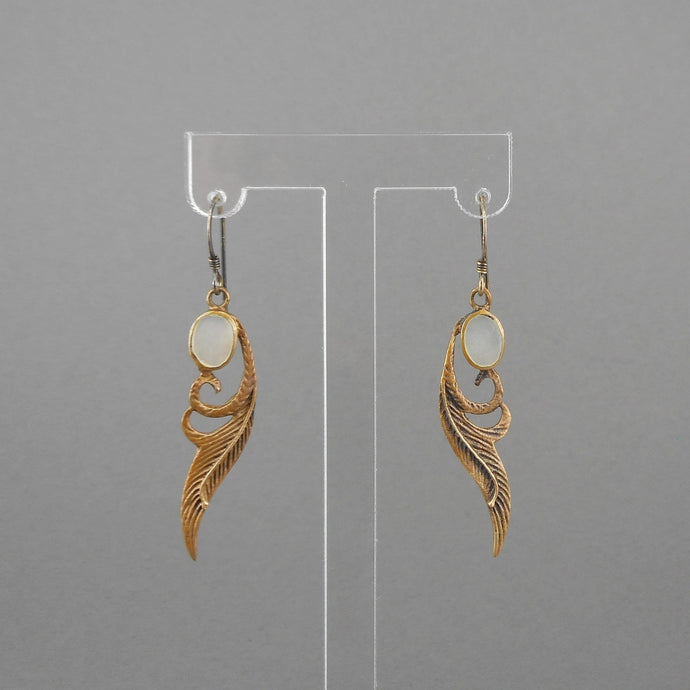 Vintage Feather Design Artisan Earrings - Gold, Silver and Mother of Pearl, Handmade