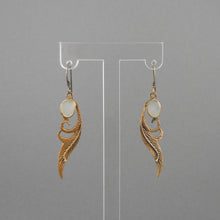 Load image into Gallery viewer, Vintage Handmade Mother of Pearl Bronze Feather Design Dangle Earrings - Gold, Silver and MOP, Artisan Crafted