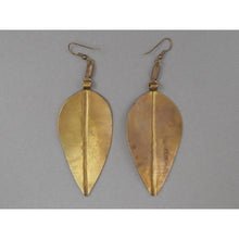 Load image into Gallery viewer, Vintage Kenyan African Brass Leaf Earrings - Large Dangle on French Wires - Engraved Decoration - Old Handmade Ethnic, Tribal, Jewelry
