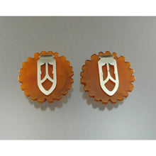 Load image into Gallery viewer, Pair of Vintage 1930s Bakelite Dress Clips - Marbled Apple Juice Carved Plastic - Flower Design - Simichrome Tested