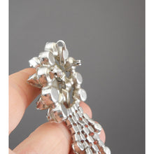 Load image into Gallery viewer, Large Vintage 1950s Rhinestone Dangle Brooch / Pendant - Flower Pin with Chain Fringe - Silver Tone, Clear Round and Marquise Stones
