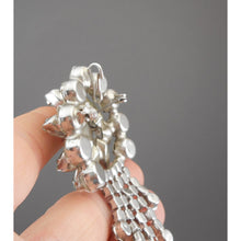 Load image into Gallery viewer, Large Vintage 1950s Rhinestone Dangle Brooch / Pendant - Flower Pin with Chain Fringe - Silver Tone, Clear Round and Marquise Stones
