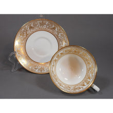 Load image into Gallery viewer, 3 Wedgwood Bone China Cup and Saucer Sets - Florentine Pattern W4219, Gold Gilding on White - Dragons Griffins - Footed Teacup, Peony Shape - Old Green Urn Backstamp Mark - Excellent Estate Condition