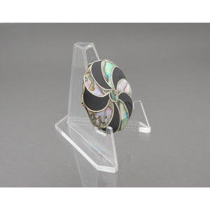 Vintage Mexican Artisan Abalone Brooch / Pendant - Alpaca Silver (Alloy), Inlaid Shell, Black Enamel Pin - Pinwheel, Flower Design - Hand Made in Mexico