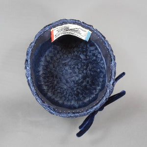 Vintage 1960s Mr. John Sophisticate Ladies Hat - Navy Blue Cellophane Straw / Cello Weave Raffia - Velvet Cord and Rhinestone Leaf Pin - Easter Spring and Summer