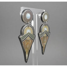 Load image into Gallery viewer, Vintage Art Deco Revival Style Dangle Earrings - Inlaid Mother of Pearl and Abalone Shell, Black Resin and Silver Wire - Posts, For Pierced Ears