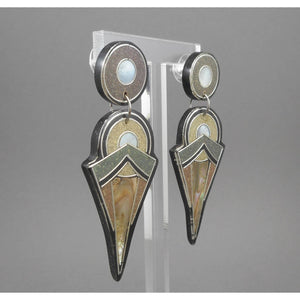 Vintage Art Deco Revival Style Dangle Earrings - Inlaid Mother of Pearl and Abalone Shell, Black Resin and Silver Wire - Posts, For Pierced Ears