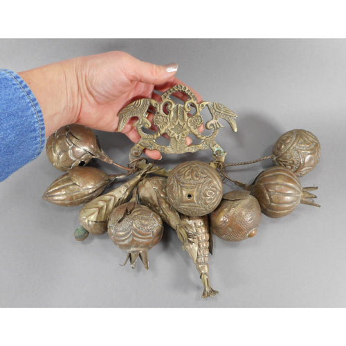 Large Antique or Vintage Brazilian Penca de Balangandan Pendant - Handmade African Slave Jewelry - Brass and Copper with 10 Good Luck Charms - Facing Parrots - Hinged Charm Holder with Threaded Key