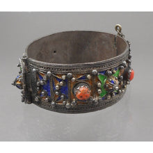 Load image into Gallery viewer, Antique Vintage Moroccan Silver Bracelet - Multicolor Enamel with Coral Stone Cabochons - Large and Heavy Hinged Bangle with Pin Closure - Handmade, North Africa - Old Berber, Ethnic, Tribal, Jewelry